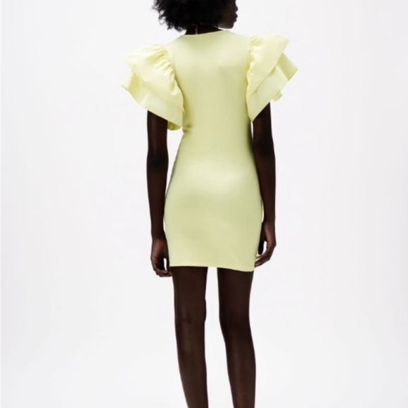 Zara Puff Voluminous Ruffle Poplin Sleeve Bodycon Mini Dress Pastel Yellow Sz M - Picture 7 of 16